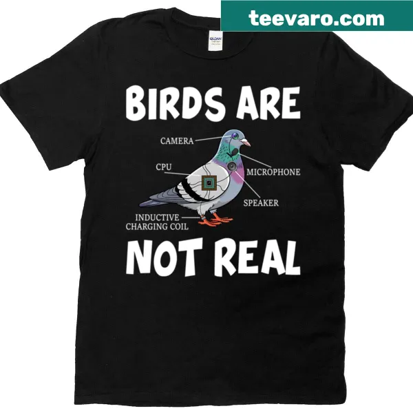 Bold typography t-shirt with a humorous conspiracy theory theme about birds