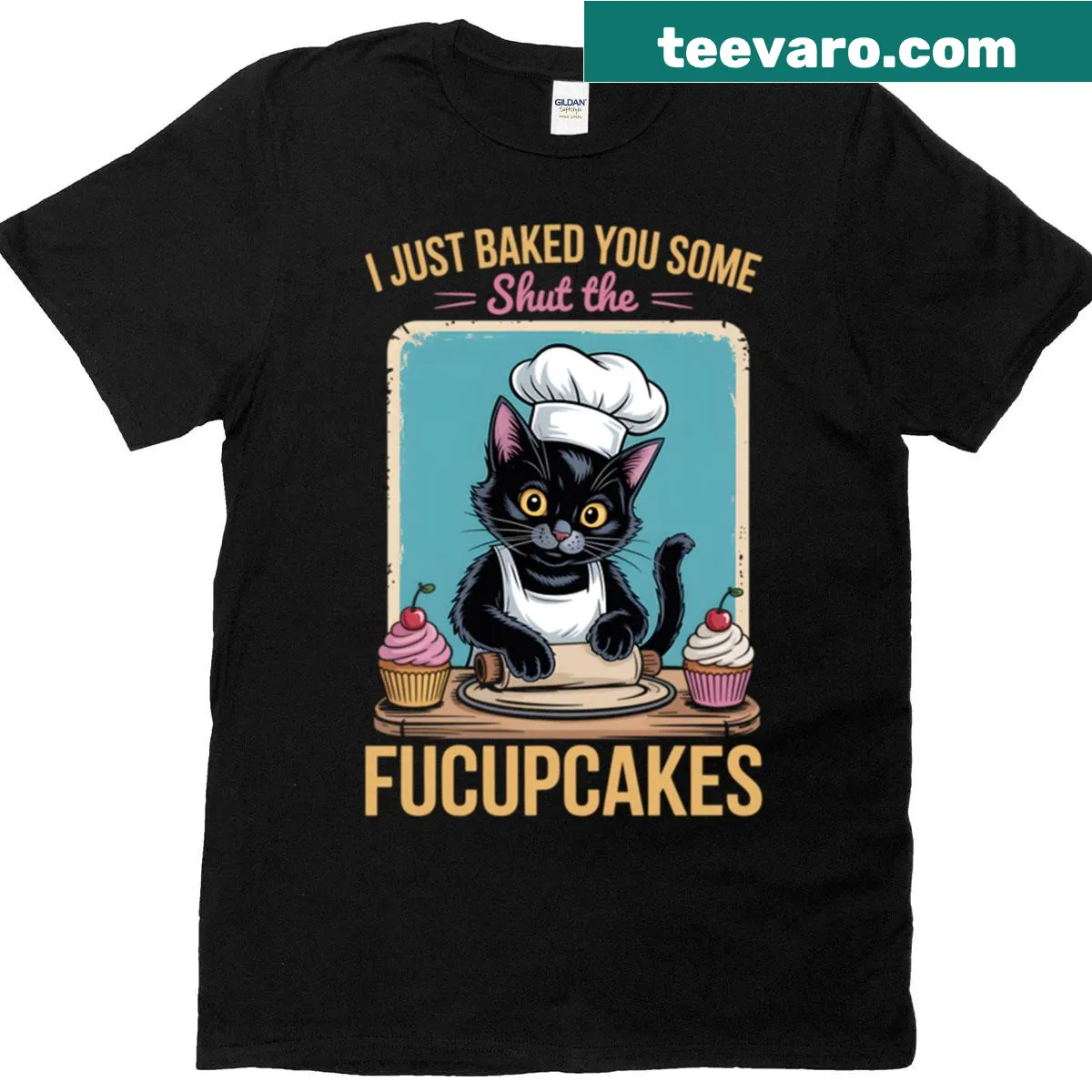 Funny text and black cat graphic on a humorous t-shirt — on a men's t-shirt