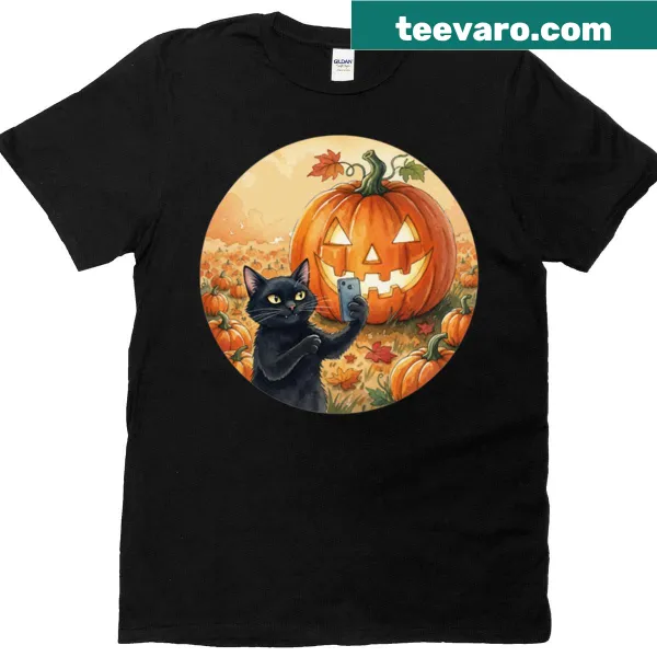 Cute black cat in a pumpkin field illustration t-shirt for Halloween