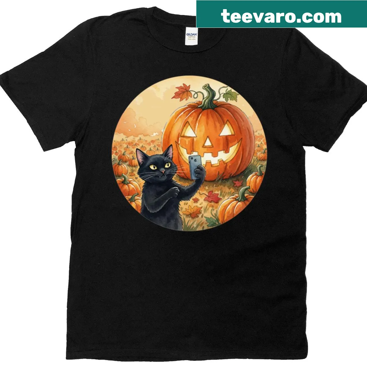Cute black cat in a pumpkin field illustration t-shirt for Halloween — on a men's t-shirt