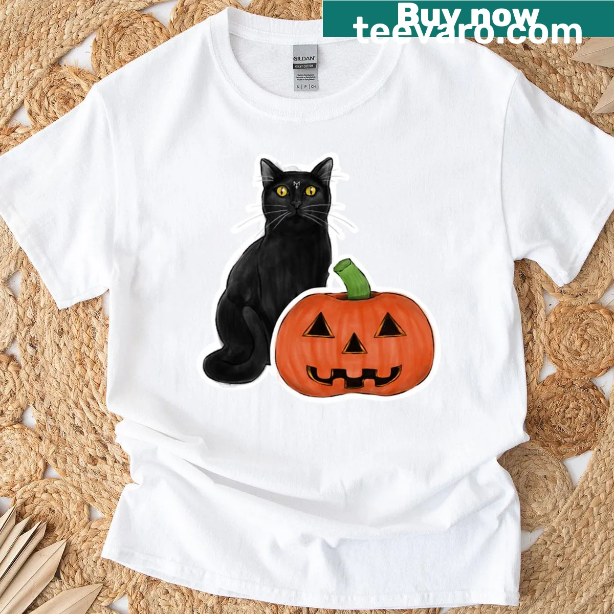Oversized T-shirt featuring a black cat and a Halloween pumpkin — on a men's t-shirt