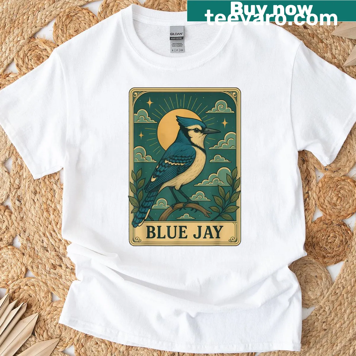 Blue Jay tarot card t-shirt featuring an intricate illustration. — on a men's t-shirt