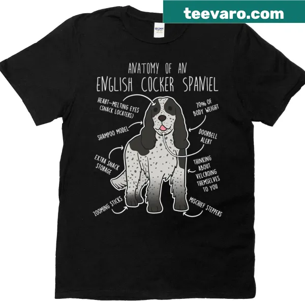 Illustrative anatomy T-shirt featuring a Blue Roan English Cocker Spaniel
