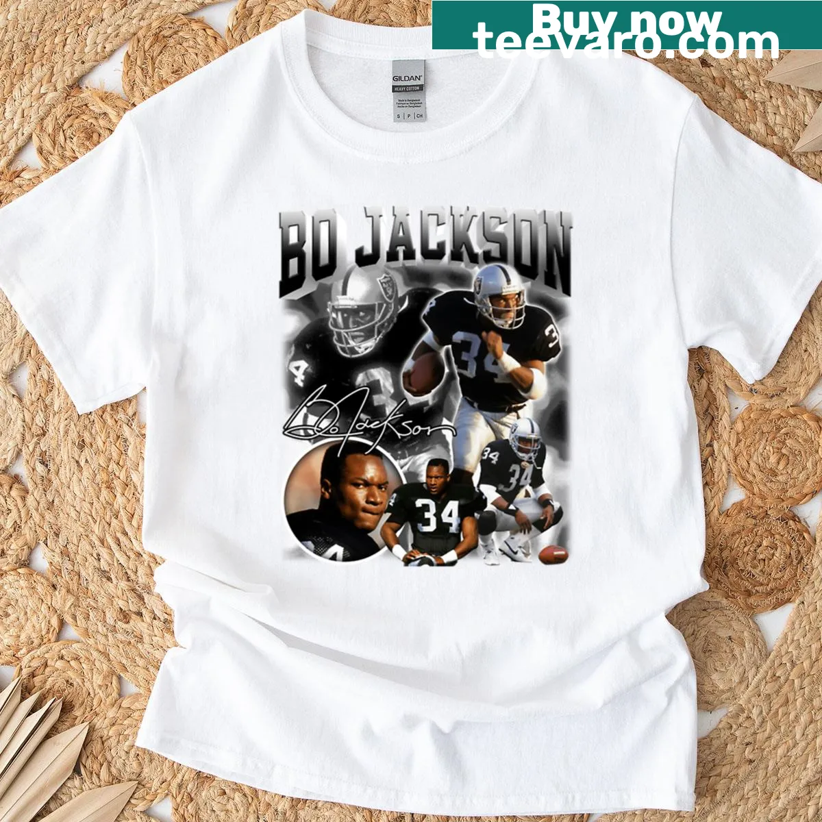Vintage graphic T-shirt featuring Bo Jackson and sports themes — on a men's t-shirt