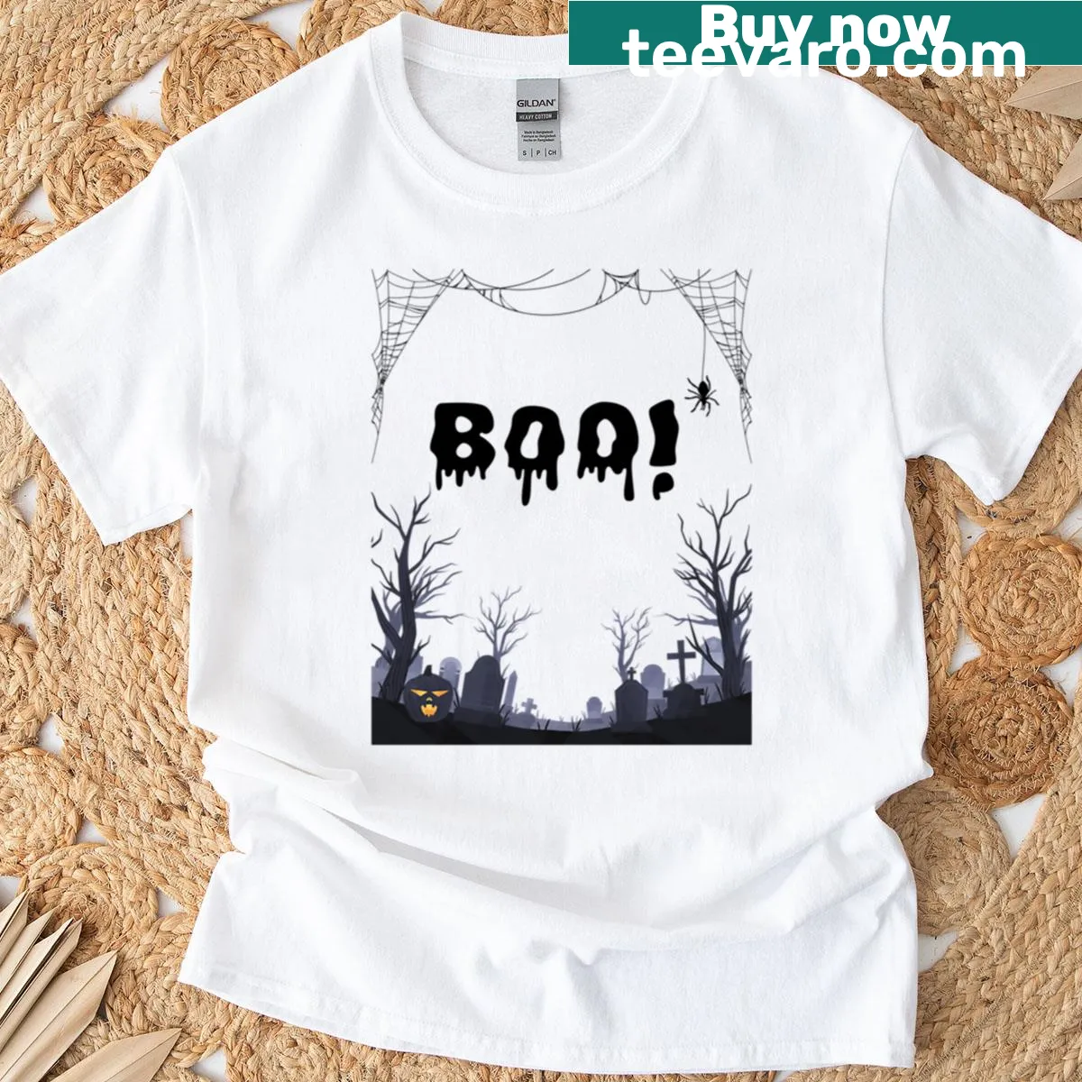 Halloween cemetery design T-shirt featuring ghosts and gravestones — on a men's t-shirt