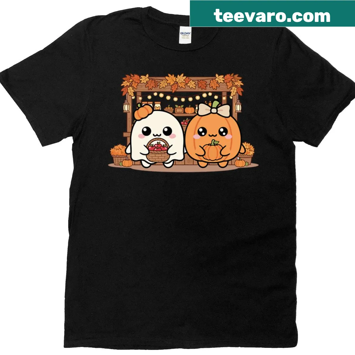 Cute autumn-themed t-shirt featuring a whimsical pumpkin character — on a men's t-shirt