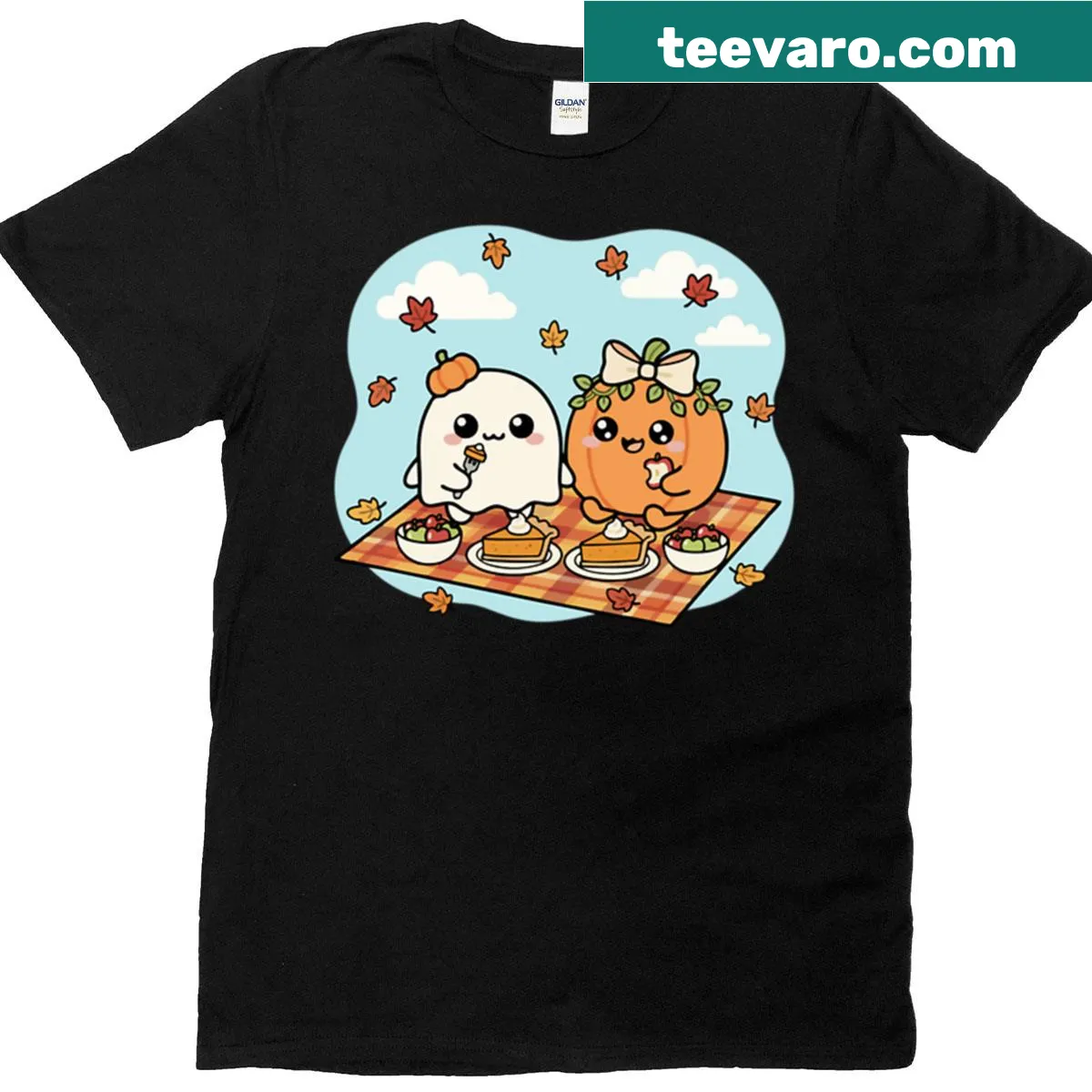 Cute Halloween t-shirt featuring a picnic scene with pumpkin pie — on a men's t-shirt