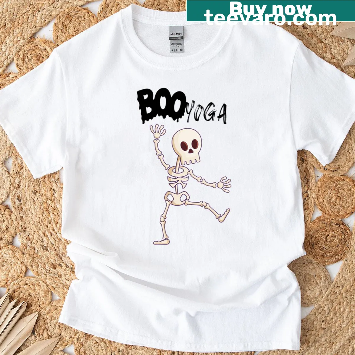 Dancing skeleton in yoga poses on a playful Halloween T-shirt — on a men's t-shirt