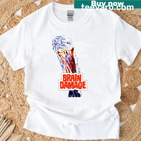 Illustrative Brain Damage movie poster t-shirt featuring bold graphics.