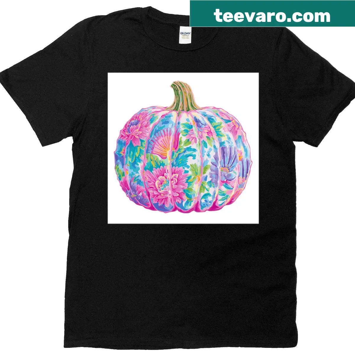 Illustrated T-shirt featuring a pumpkin with floral designs — on a men's t-shirt
