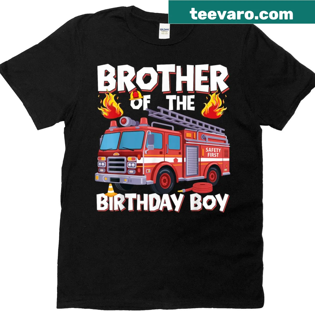 Fire truck graphic t-shirt for birthday boy's brother — on a men's t-shirt