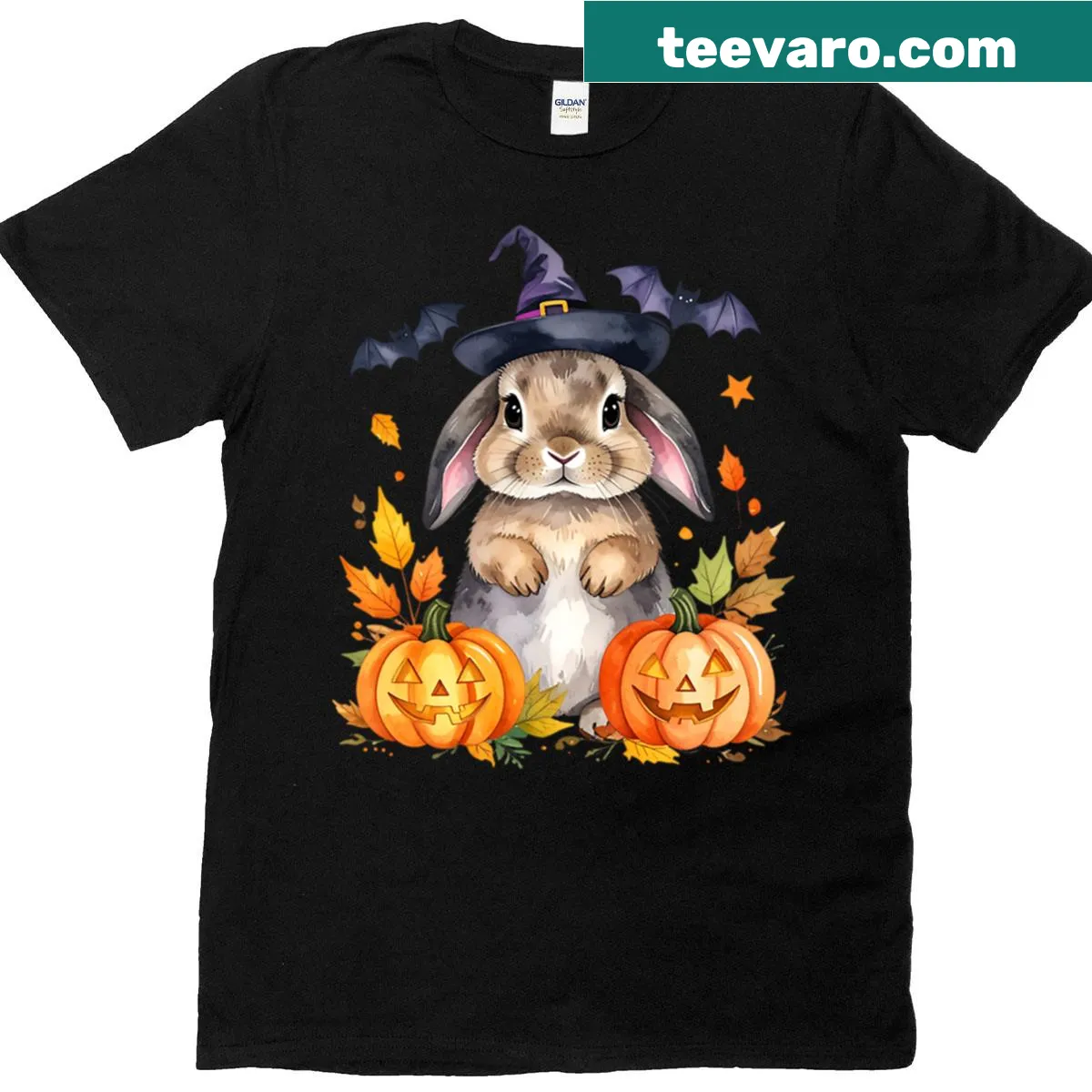 Brown Halloween bunny with witch hat and pumpkins T-shirt — on a men's t-shirt