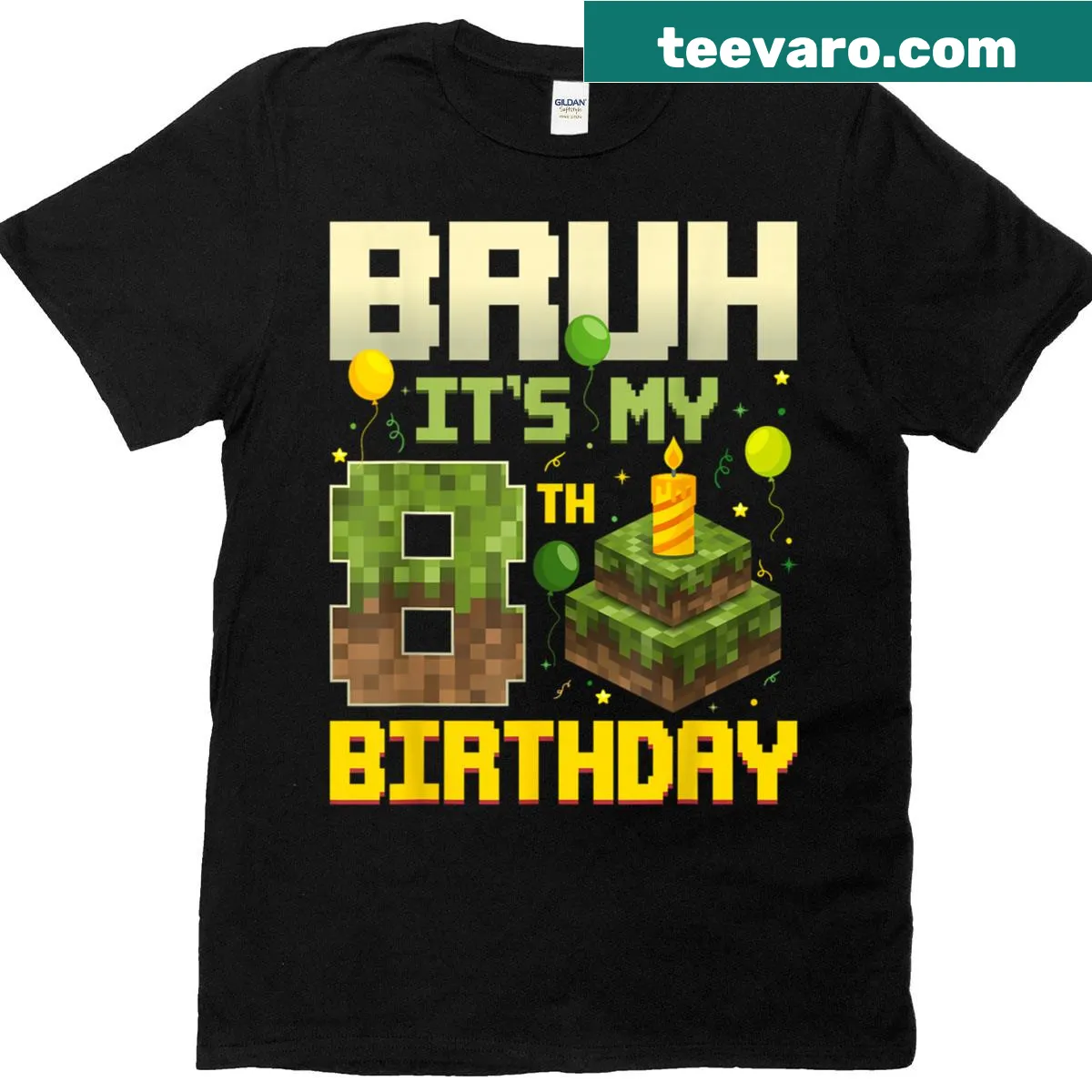 Funny birthday shirt with pixel art design for turning 8. — on a men's t-shirt