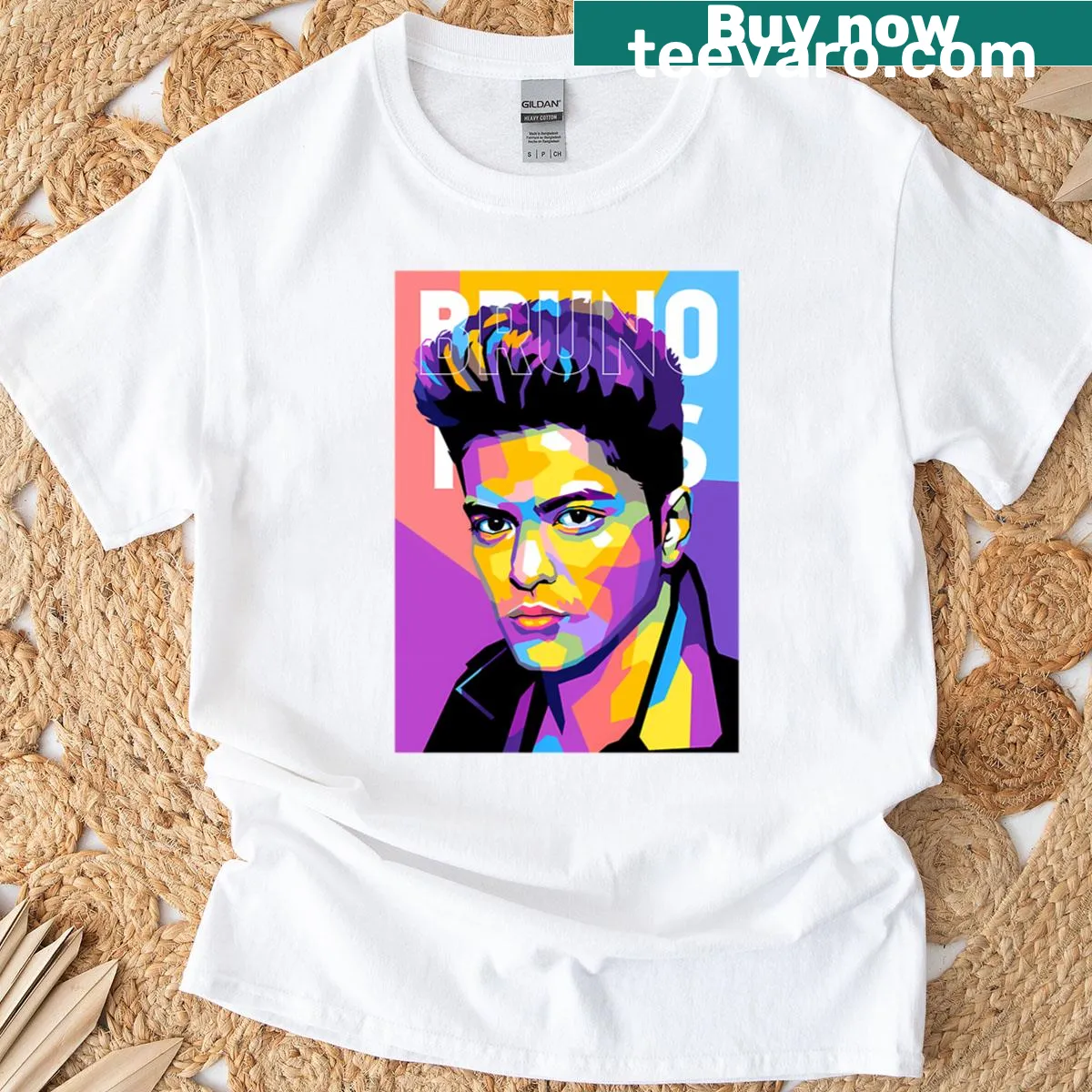 T-shirt with WPAP-style illustration of Bruno Mars. — on a men's t-shirt