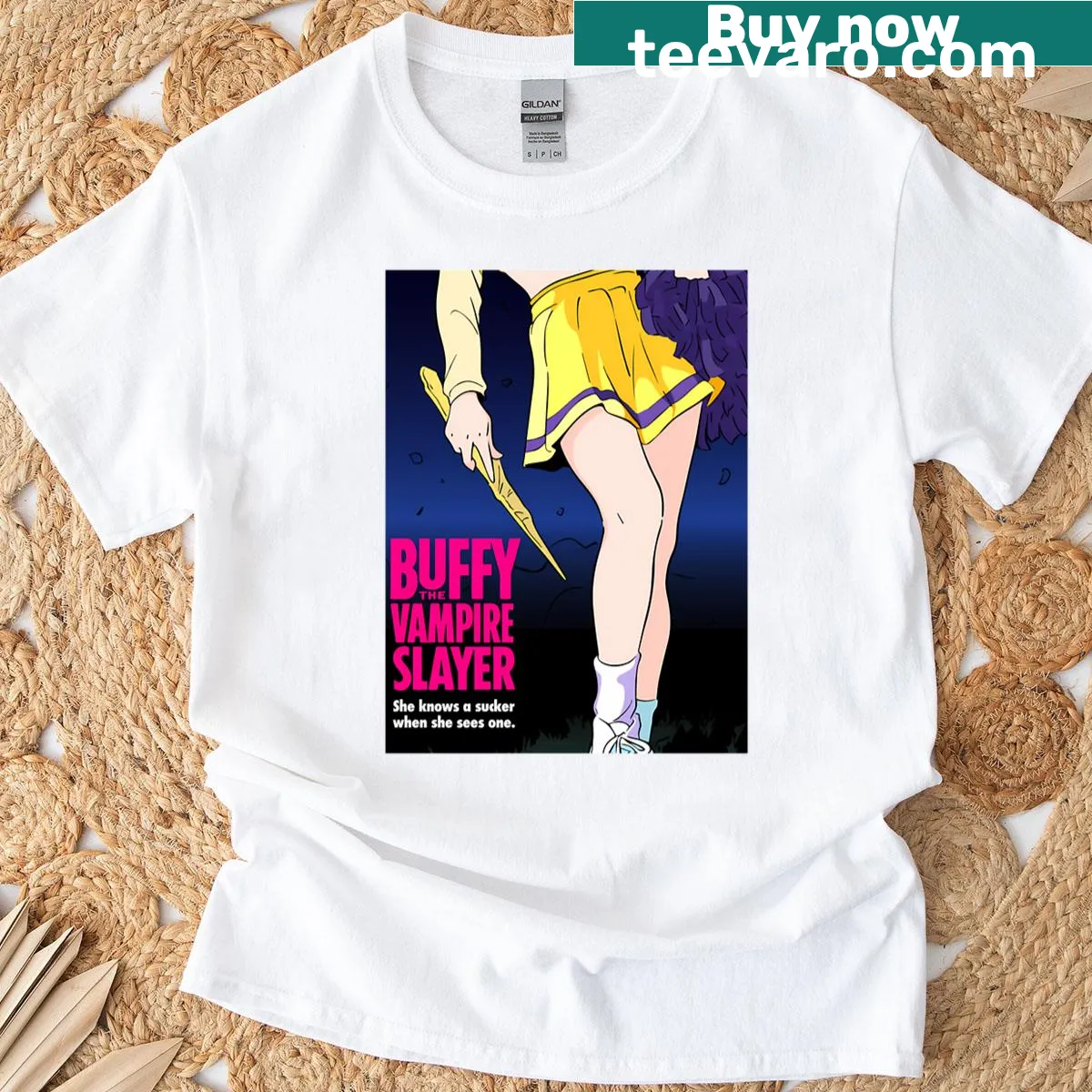Vintage-style Buffy the Vampire Slayer movie poster design on t-shirt — on a men's t-shirt