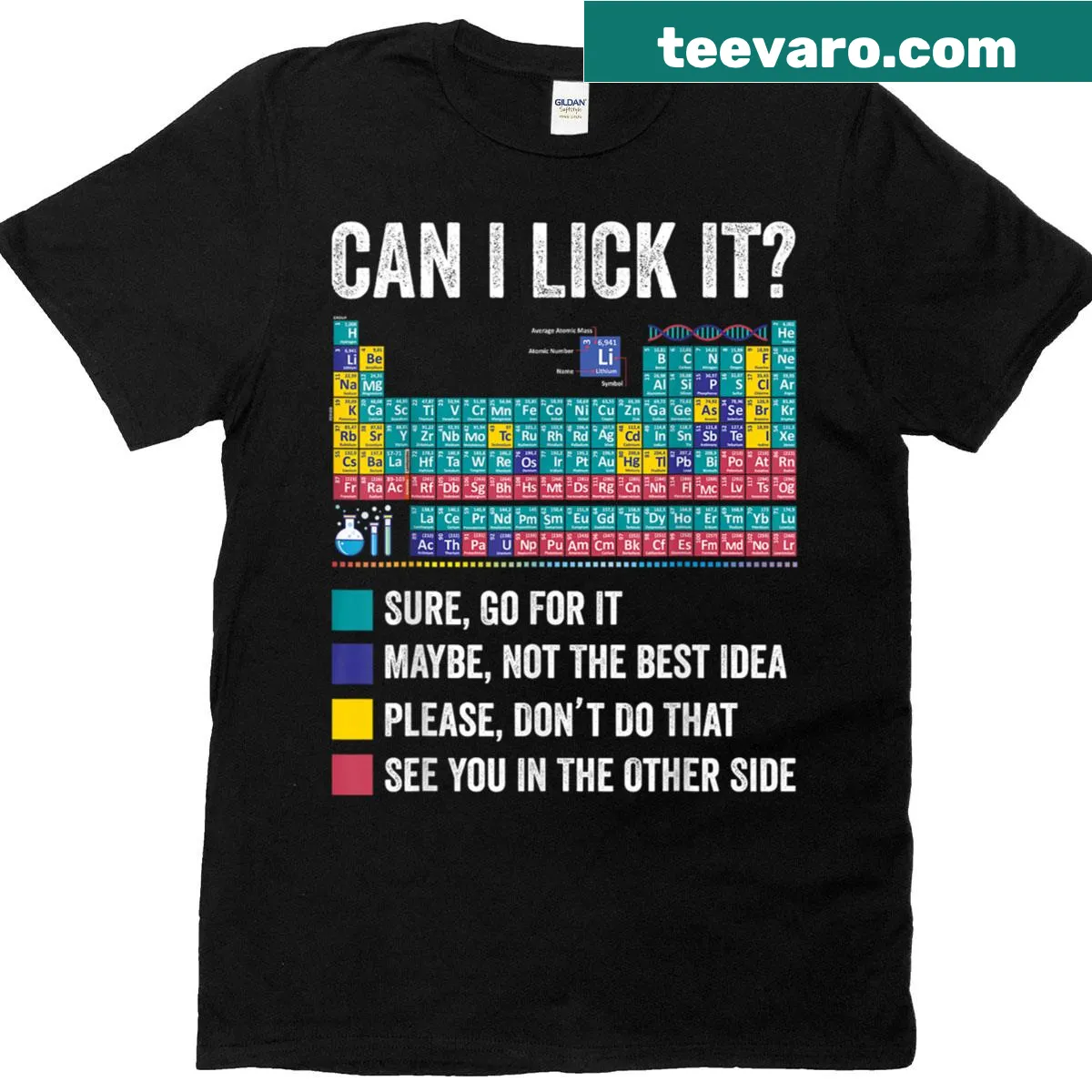 Funny science teacher shirt with periodic table and humorous text — on a men's t-shirt