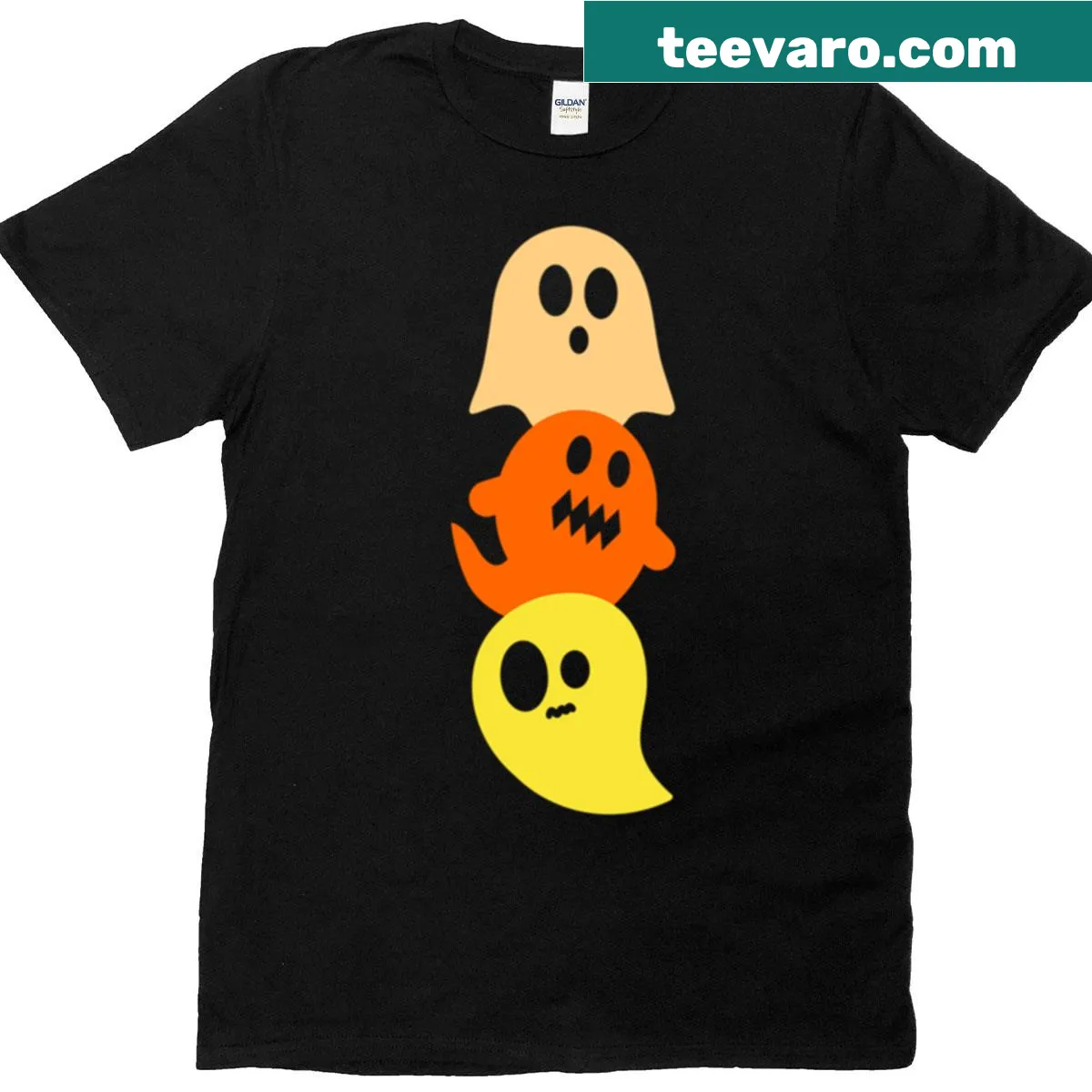 Halloween t-shirt featuring cute candy corn ghosts design — on a men's t-shirt