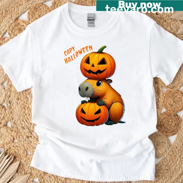 Cute capybara on a t-shirt celebrating Halloween
