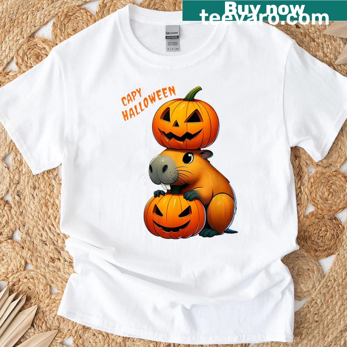 Cute capybara on a t-shirt celebrating Halloween — on a men's t-shirt