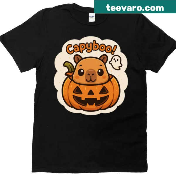 Cute capybara in a pumpkin graphic on a Halloween T-shirt