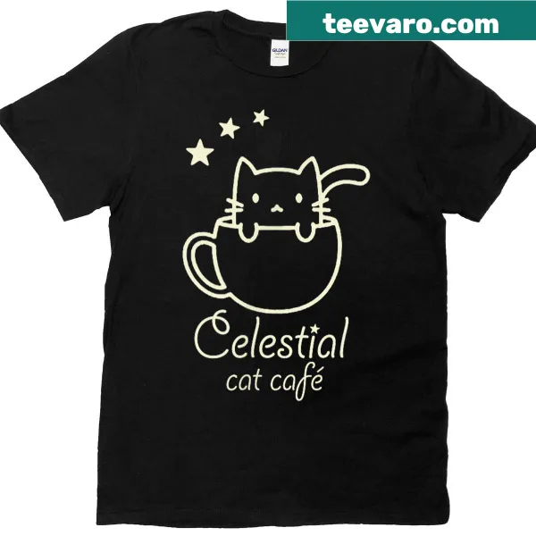 Whimsical cat in a celestial cafe graphic on T-shirt
