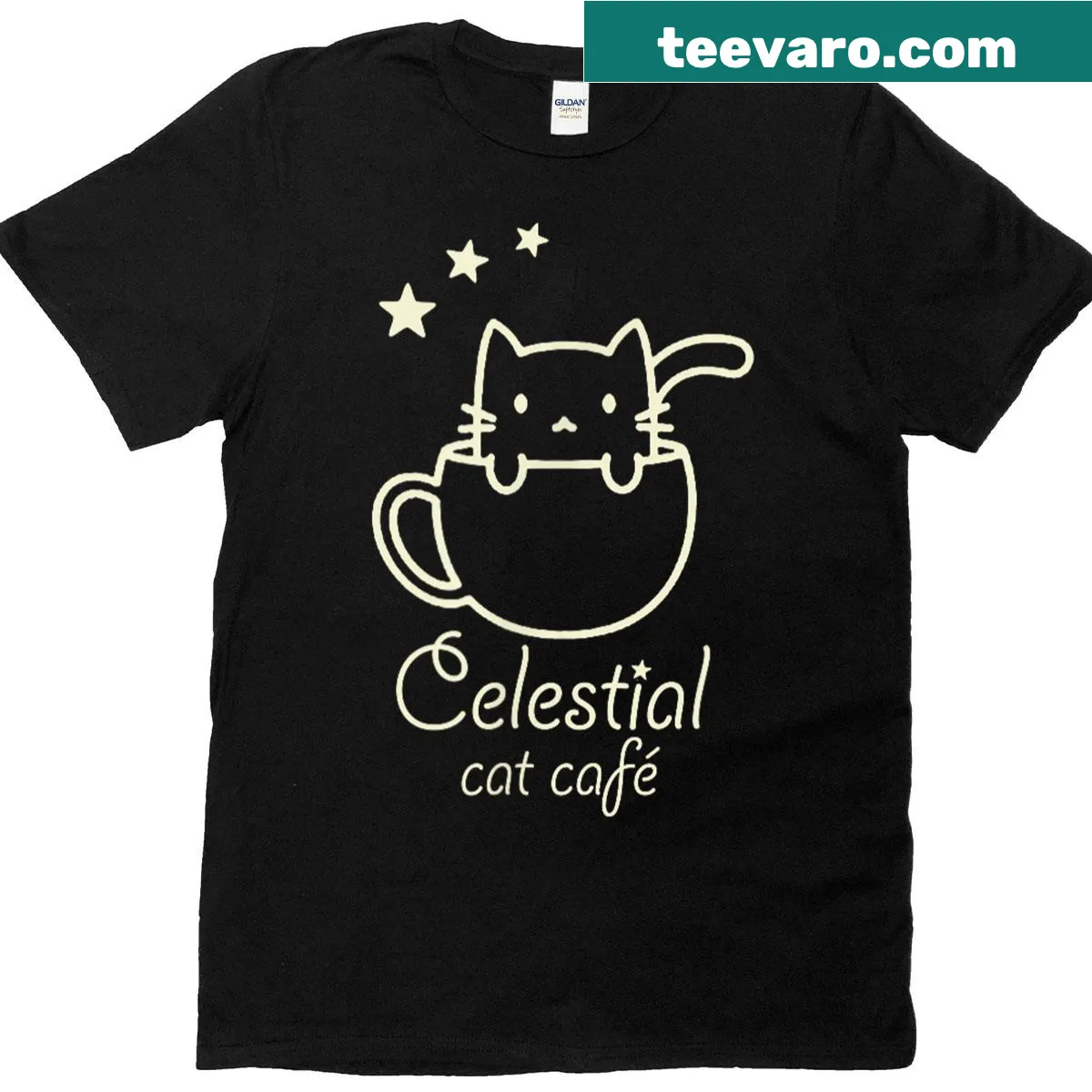 Whimsical cat in a celestial cafe graphic on T-shirt — on a men's t-shirt
