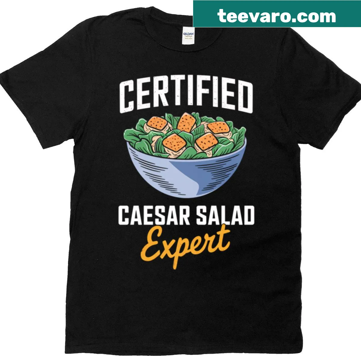 Graphic tee that states 'Certified Caesar Salad Expert' with salad design — on a men's t-shirt