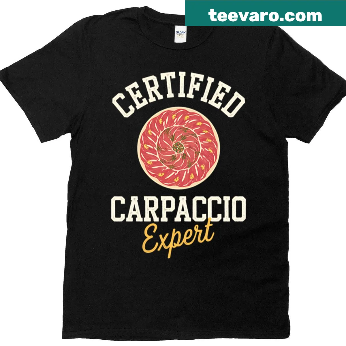 T-shirt featuring a fun carpaccio expert graphic in typography style — on a men's t-shirt