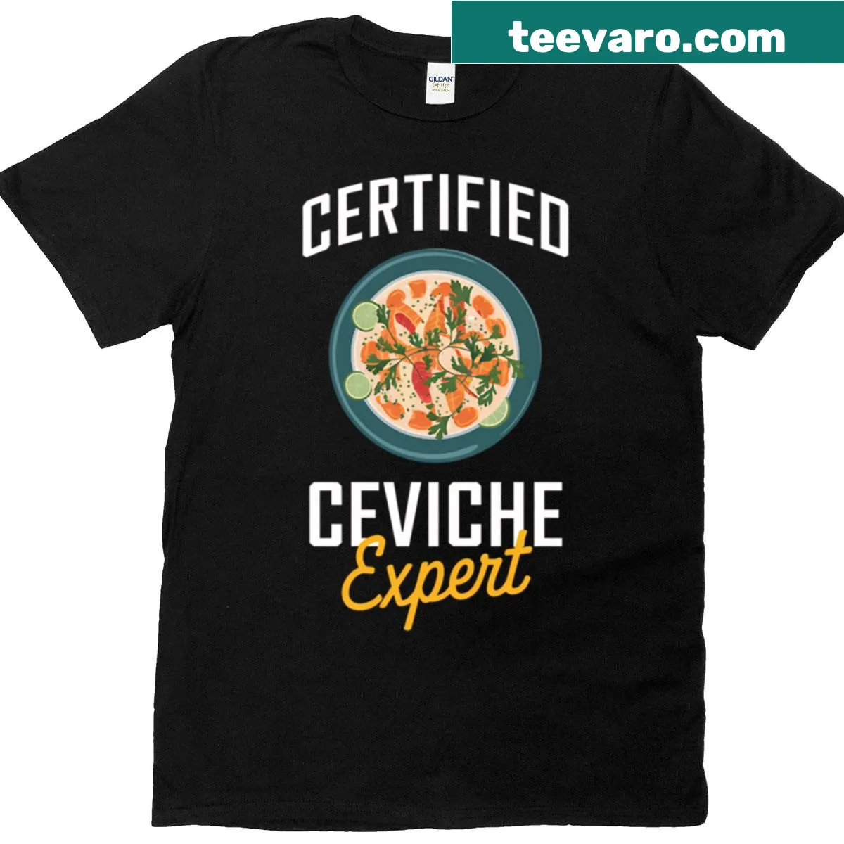 T-shirt featuring a fun ceviche expert graphic in typography style — on a men's t-shirt