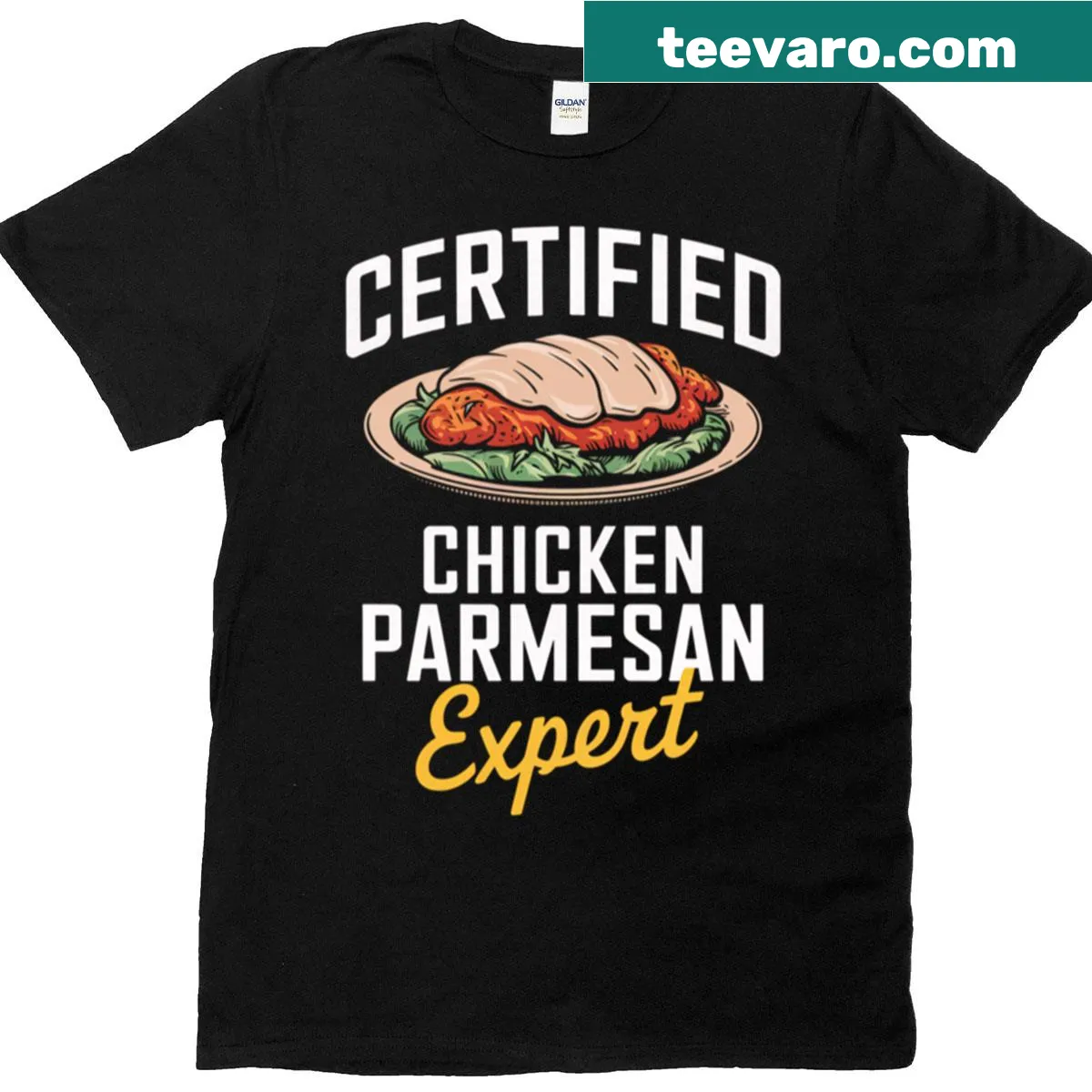 Funny Certified Chicken Parmesan Expert shirt with culinary design — on a men's t-shirt