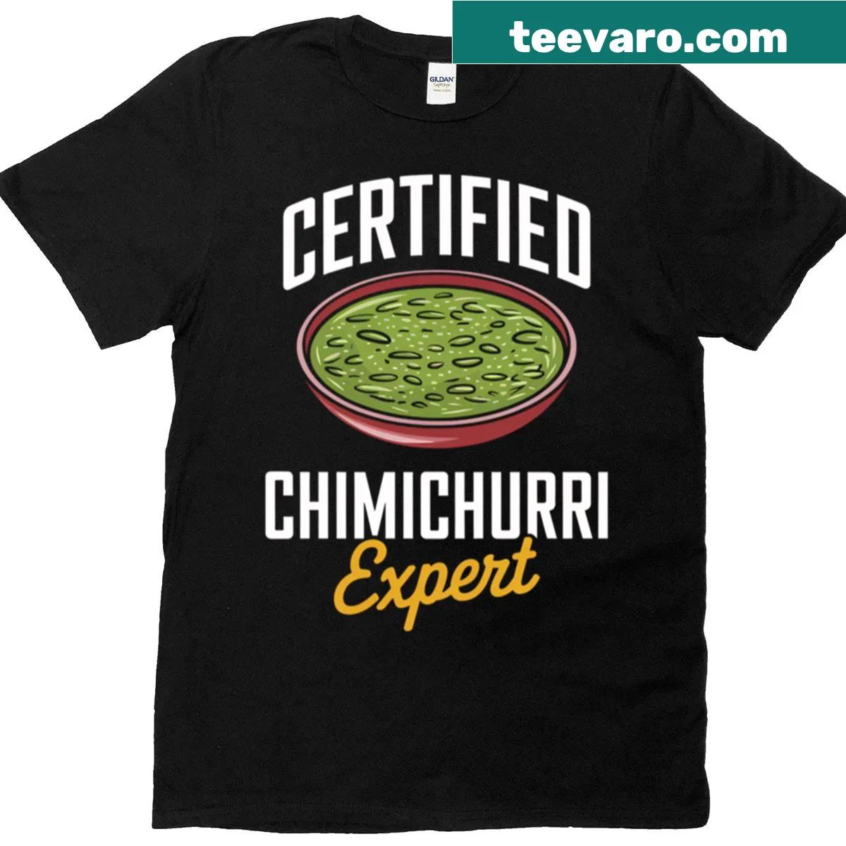 Graphic tee stating 'Certified Chimichurri Expert' with sauce design — on a men's t-shirt