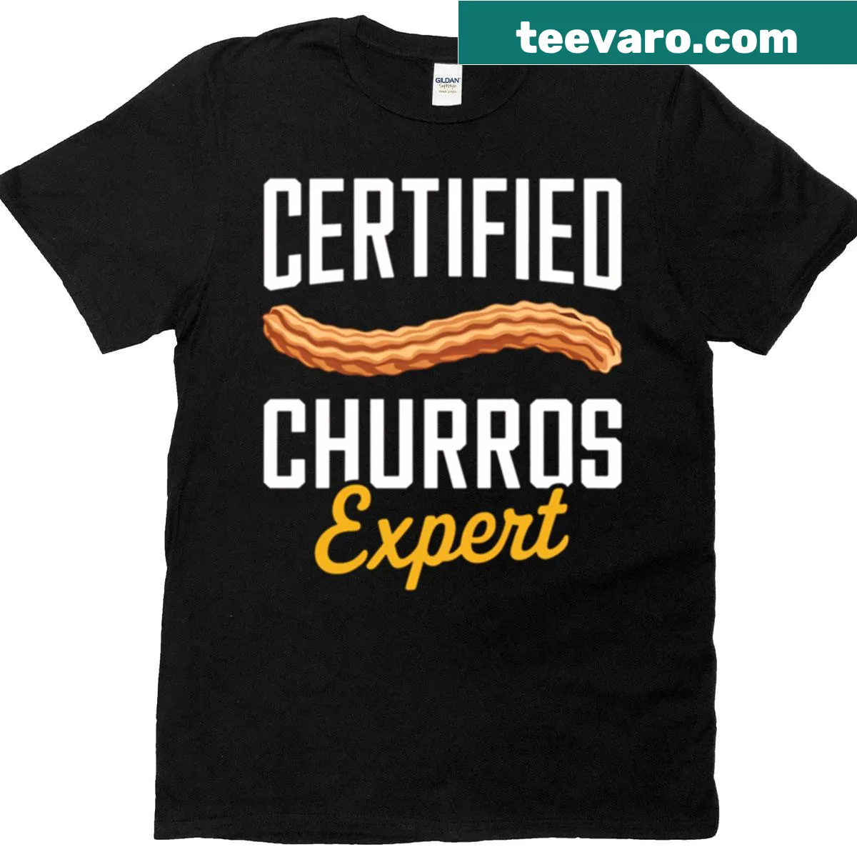 Graphic tee proclaiming 'Certified Churros Expert' with churro design — on a men's t-shirt