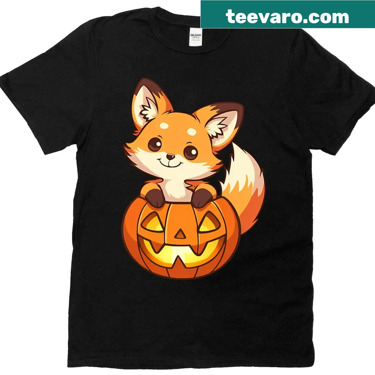 Chibi fox in a pumpkin graphic on Halloween t-shirt — on a men's t-shirt