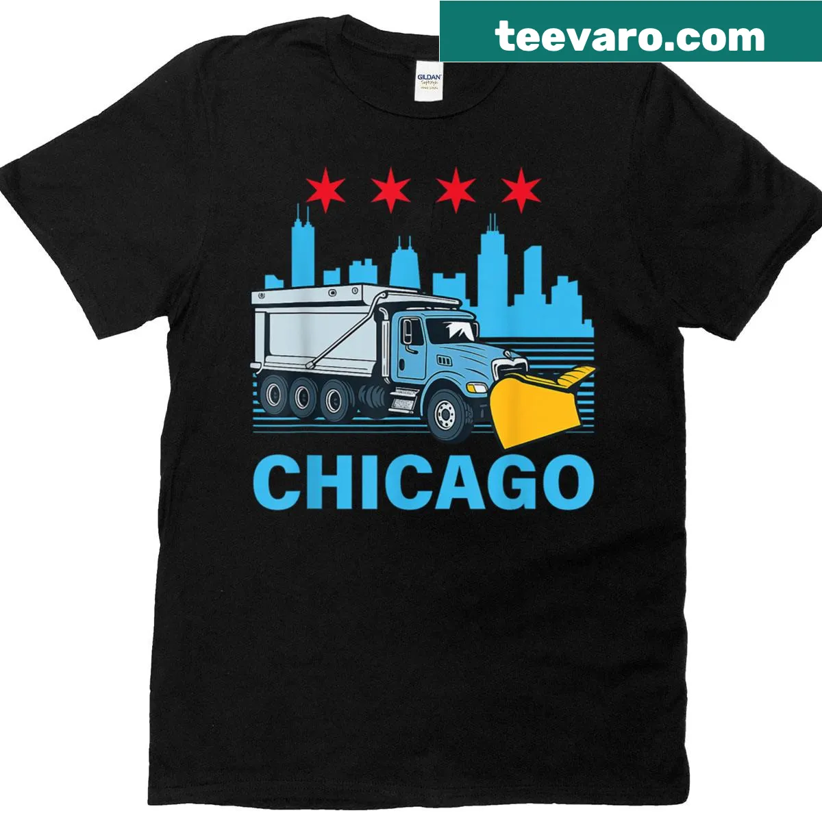 Graphic t-shirt featuring Chicago salt trucks and urban pride — on a men's t-shirt