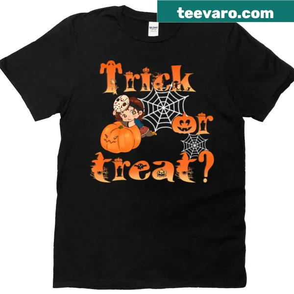 Playful Trick or Treat t-shirt featuring Halloween-themed graphics