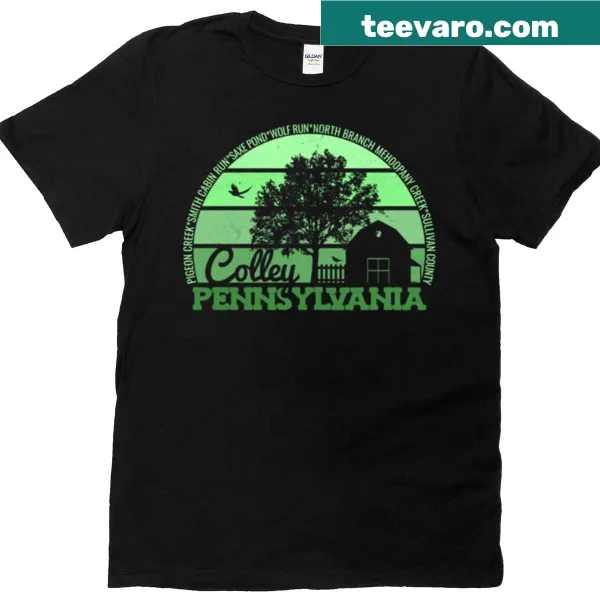 Vintage-style t-shirt featuring a sunset logo representing Colley, Pennsylvania