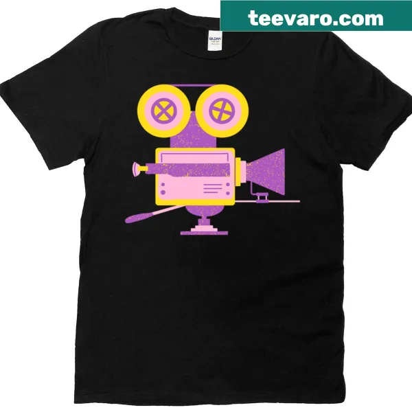 Illustration of a colorful film camera on a shirt