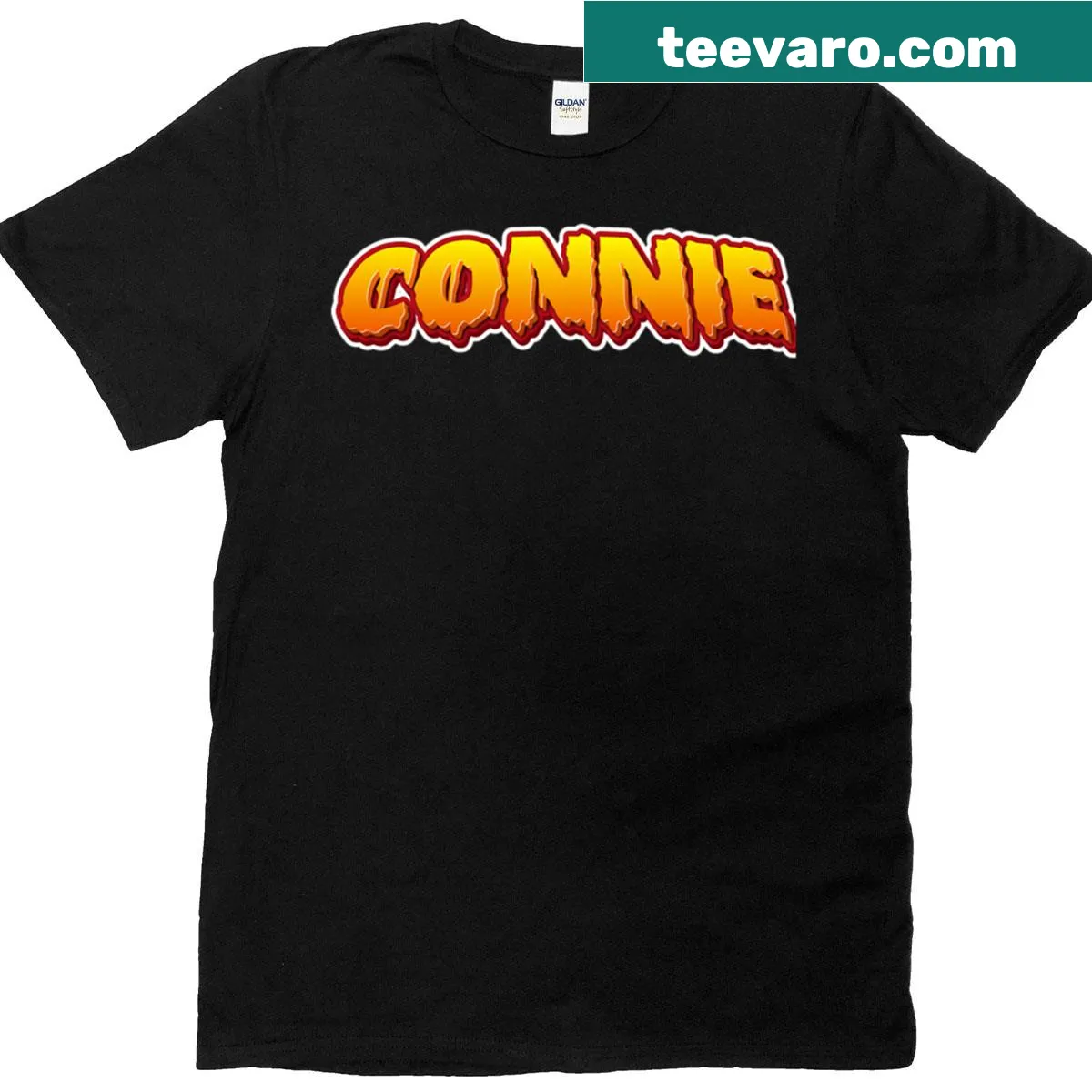 Playful Halloween design with 'Connie' text in a sticker style — on a men's t-shirt