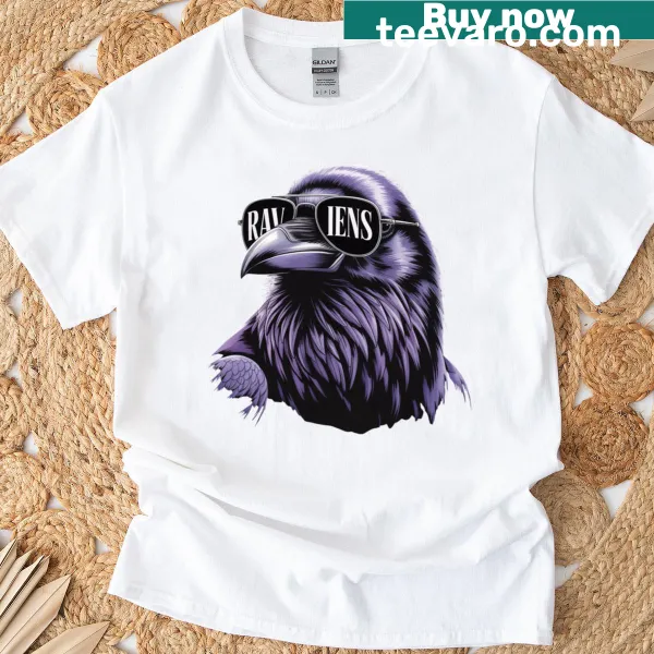 Raven with sunglasses illustration on T-shirt