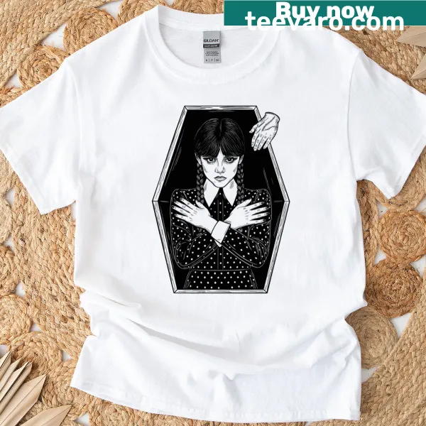 Minimalist black and white illustration of Wednesday Addams