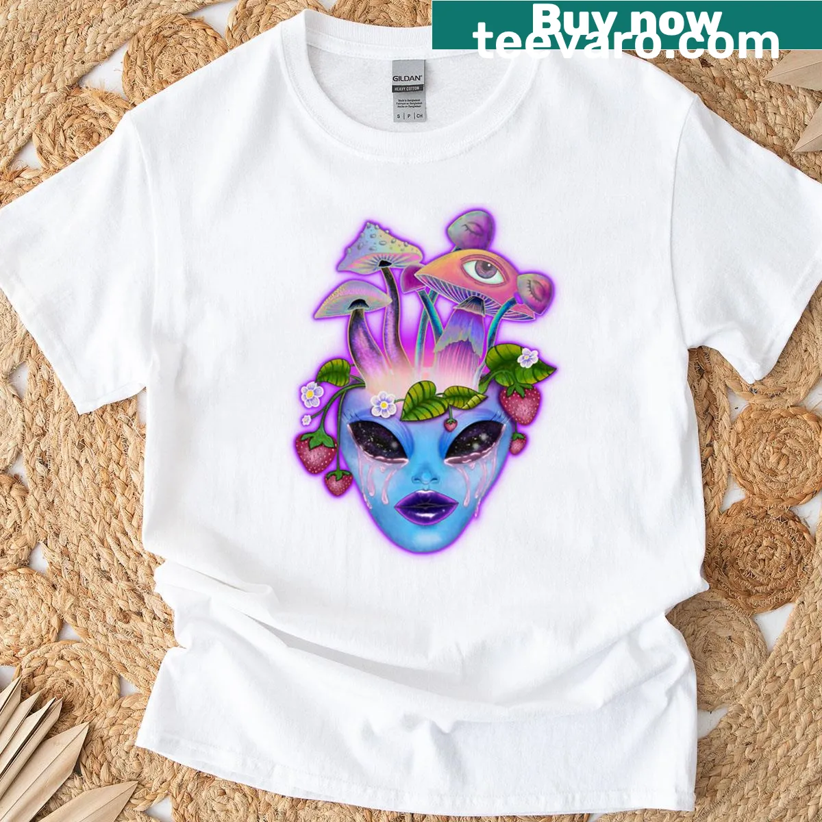 Whimsical cosmic design featuring stars and planets on a T-shirt — on a men's t-shirt