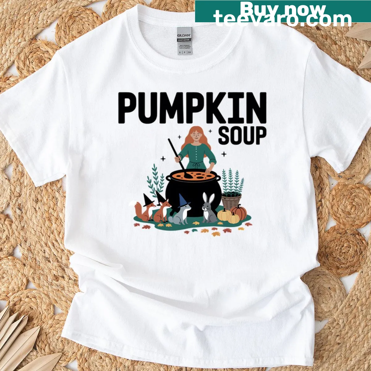 Cottagecore Witch's Feast t-shirt with whimsical woodland illustration — on a men's t-shirt