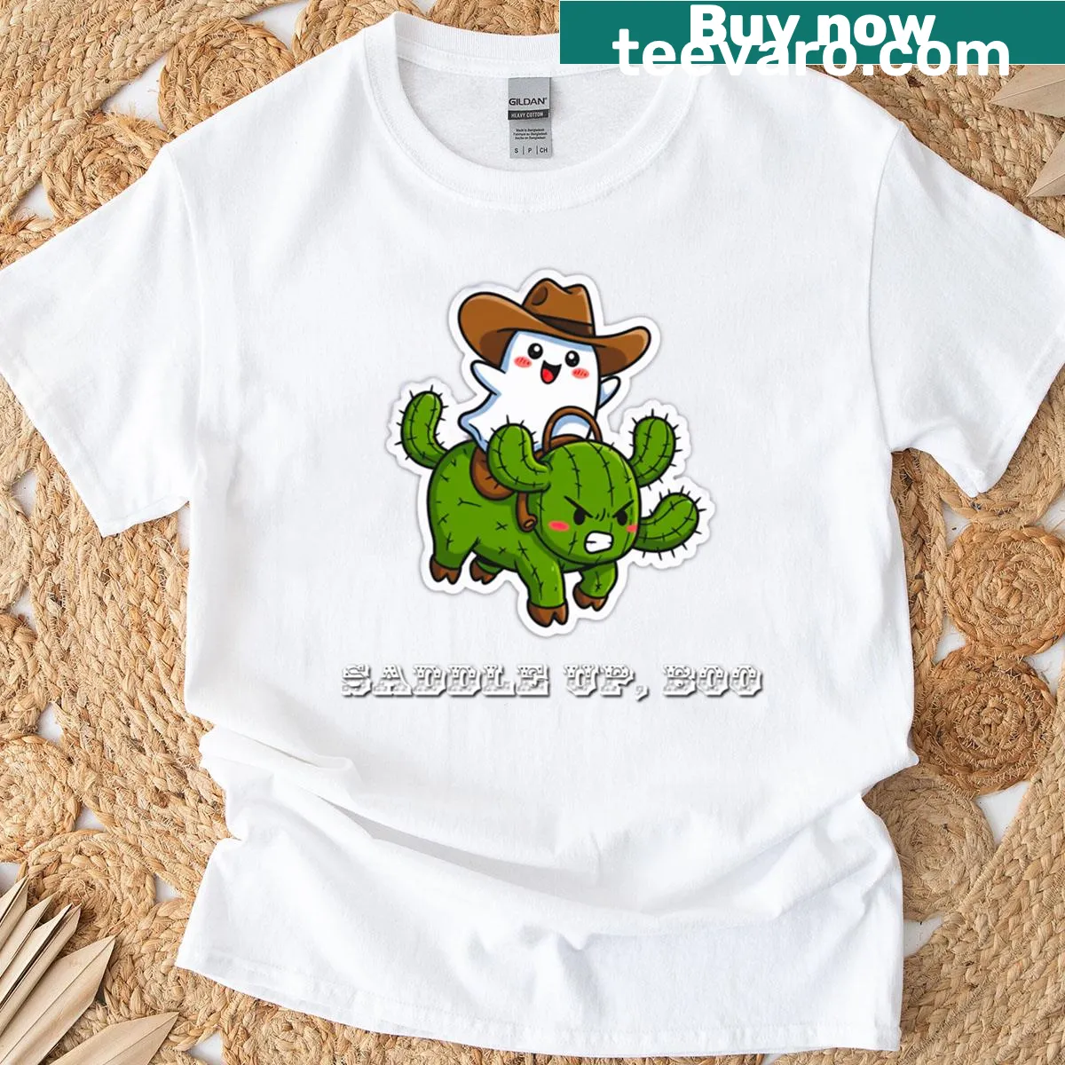 Cowboy ghost riding cactus bull graphic for Halloween T-shirt — on a men's t-shirt