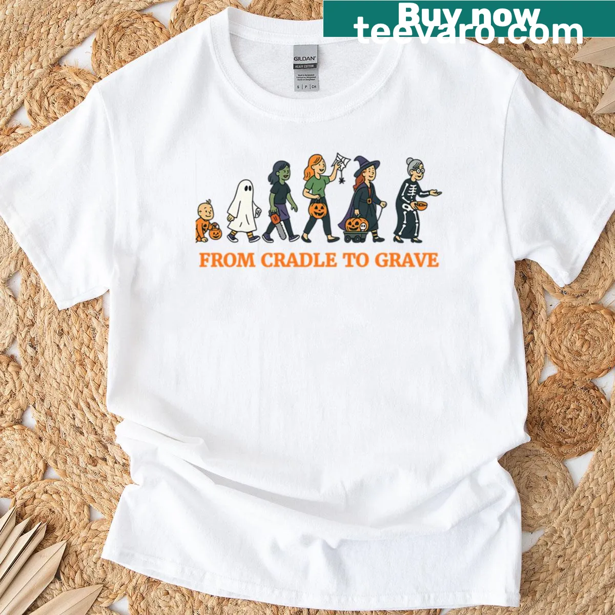 Halloween-themed parody shirt depicting evolution from cradle to grave — on a men's t-shirt