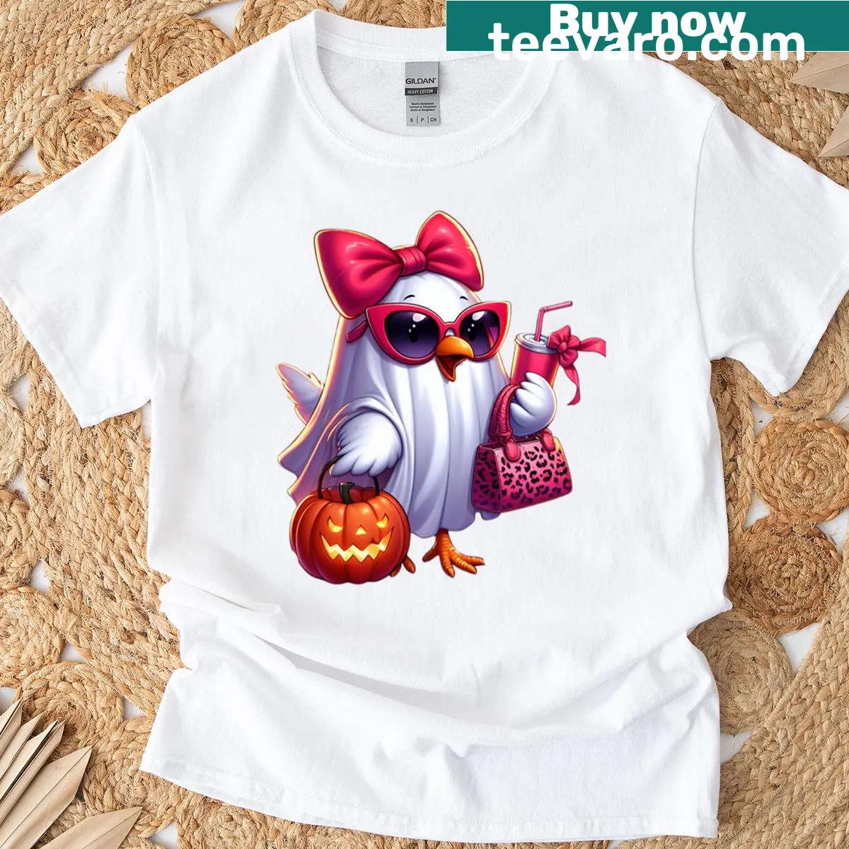 Playful chicken ghost with red bow on T-shirt — on a men's t-shirt