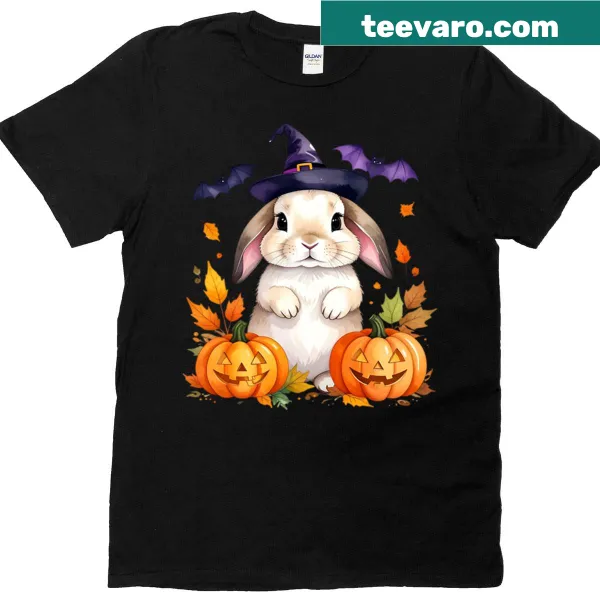 Halloween bunny in witch hat with pumpkins and bats graphic