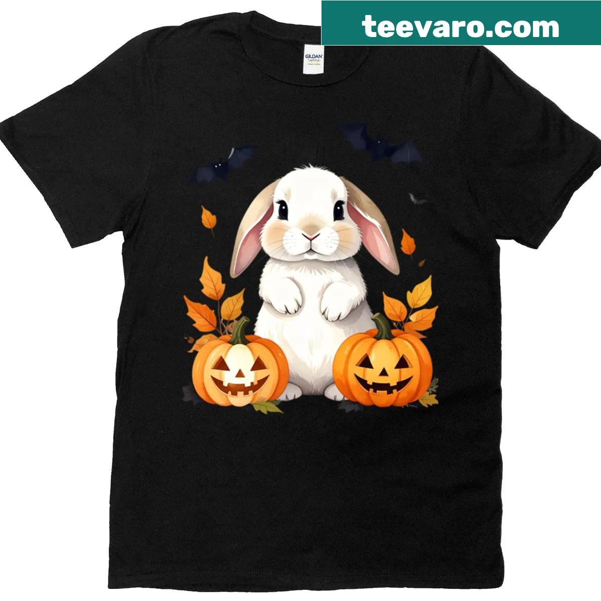 Holland Lop bunny with pumpkins and bats graphic — on a men's t-shirt