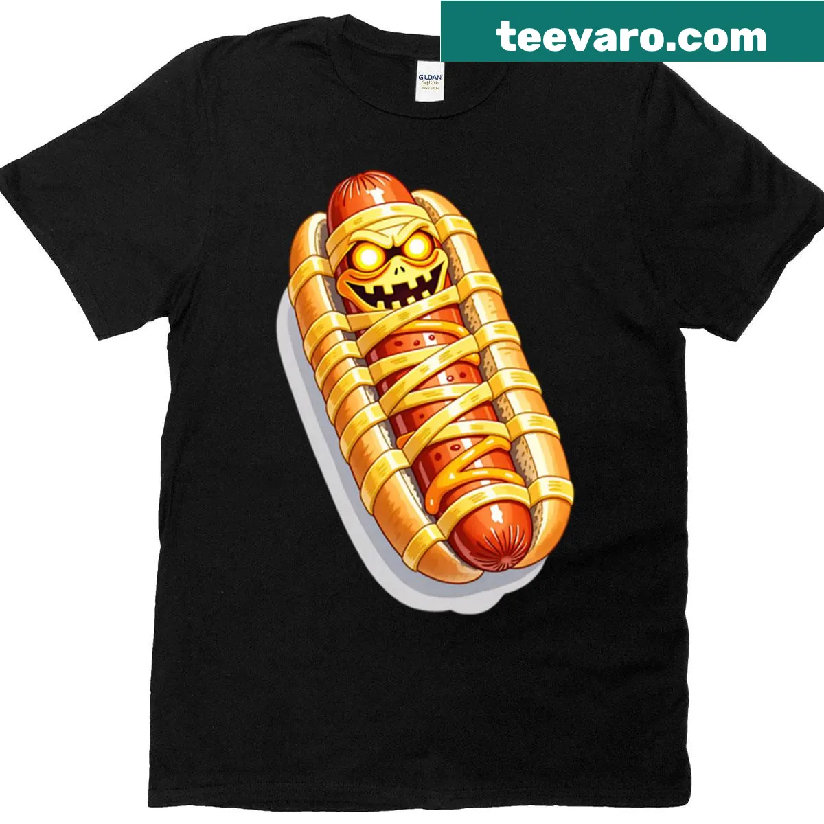 Humorous Halloween hot dog mummy design T-shirt — on a men's t-shirt