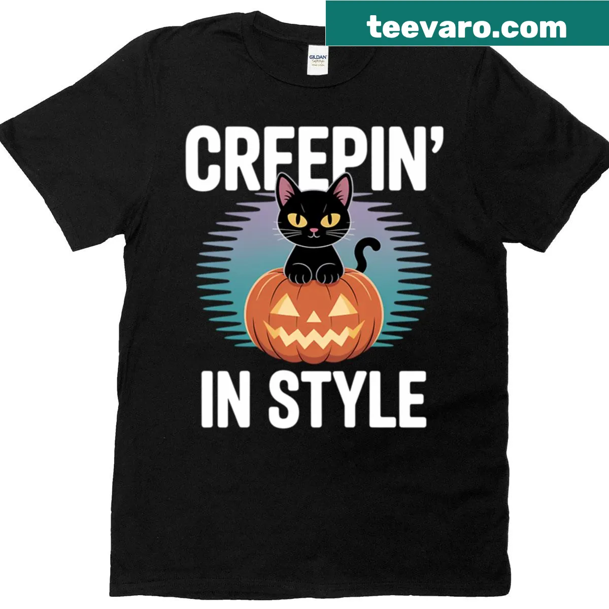 Oversized T-shirt with a funny cartoon graphic themed around creeping in style — on a men's t-shirt