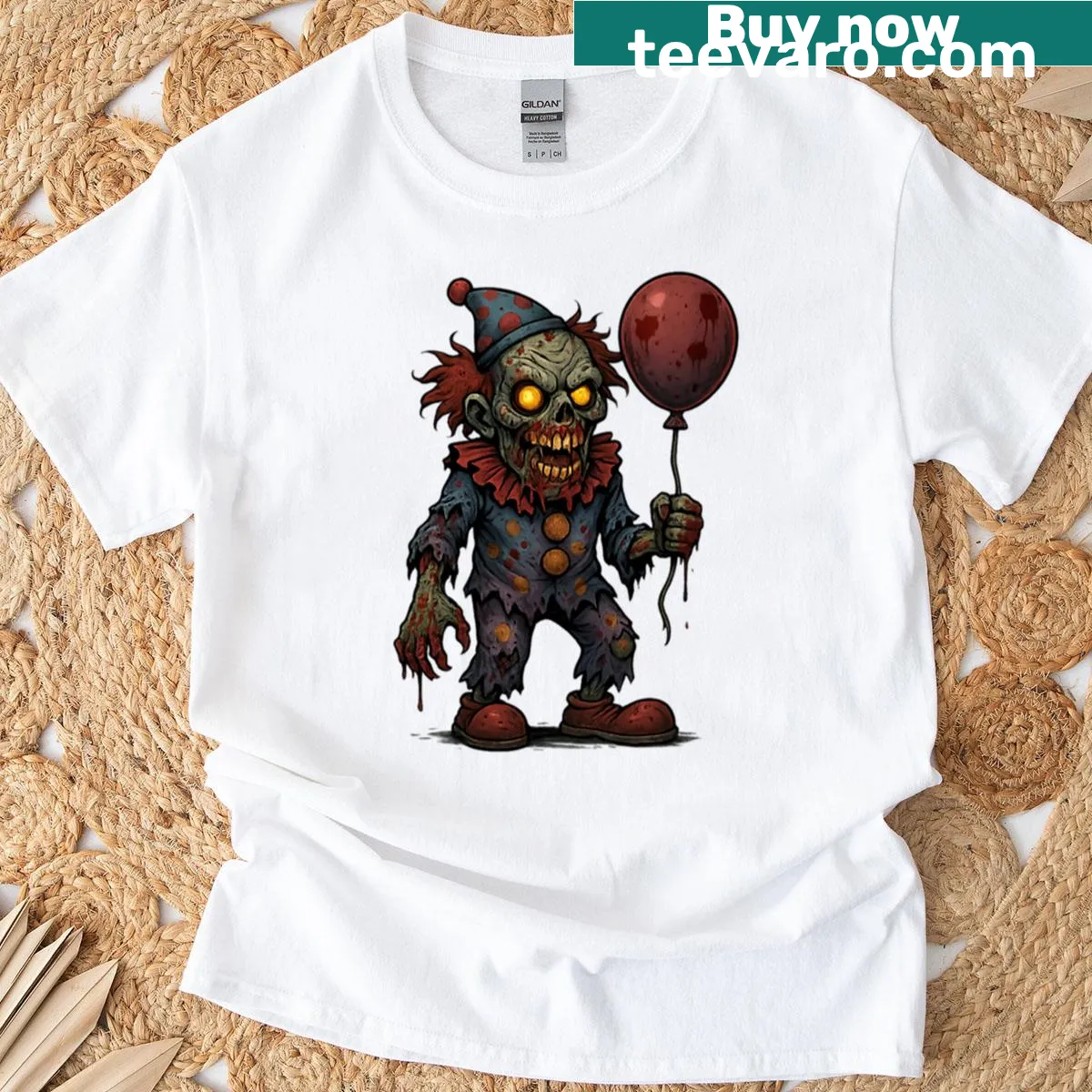 Oversized T-shirt with creepy zombie clown and balloon illustration — on a men's t-shirt